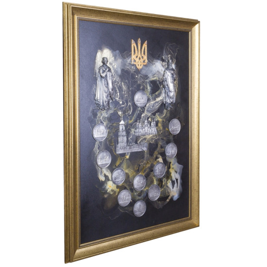Авторське панно "Велич Київської Русі" (З посрібленими фігурами Володимира та Ольги, репліками монет, позолоченим, інкрустованим Тризубом)