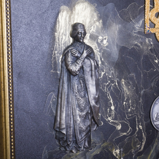 Авторське панно "Велич Київської Русі" (З посрібленими фігурами Володимира та Ольги, репліками монет, позолоченим, інкрустованим Тризубом)