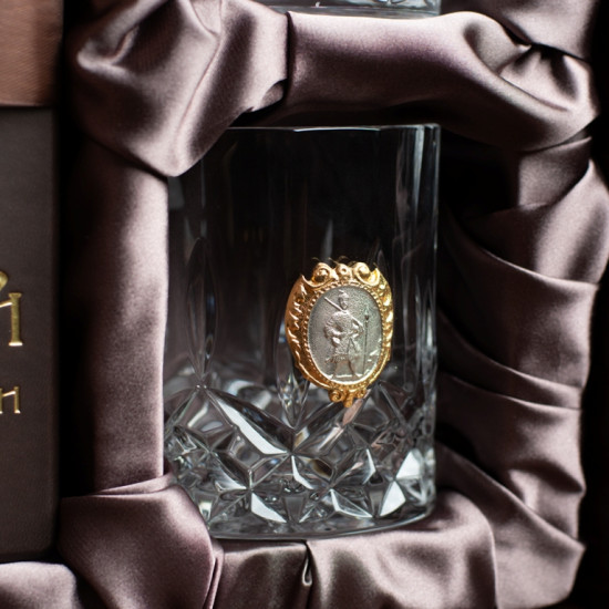 Подарунковий сет келихів для віскі "Мамай, або Перші козаки" (книга + 2 кришталеві келихи з металевим посрібленим та позолоченим декором)