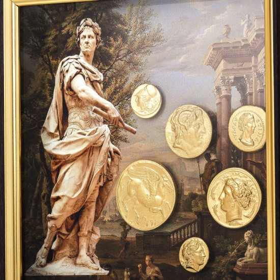 Картина на металі "Історія античного світу. Гай Юлій Цезар" з репліками позолочених монет
