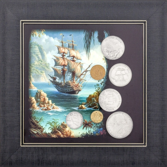 Картина на металі "Кораблі світу" з репліками та оригінальними монетами