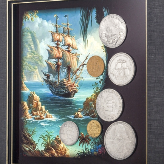 Картина на металі "Кораблі світу" з репліками та оригінальними монетами