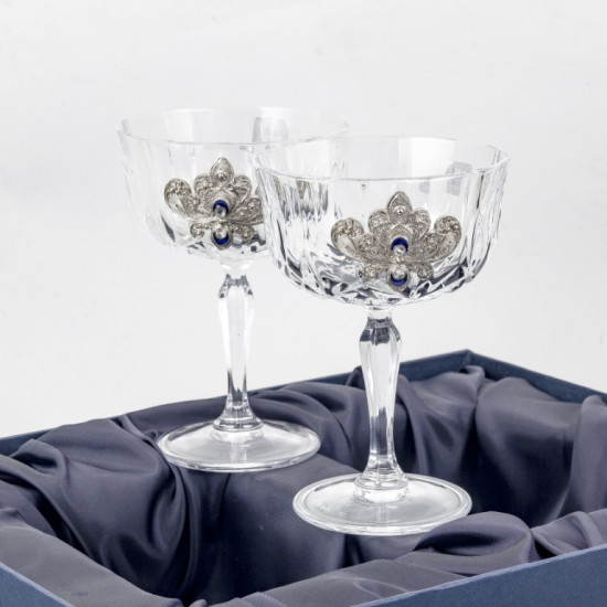 Набір келихів для шампанського "Срібна рапсодія" з посрібленими металевими накладками в емалях
