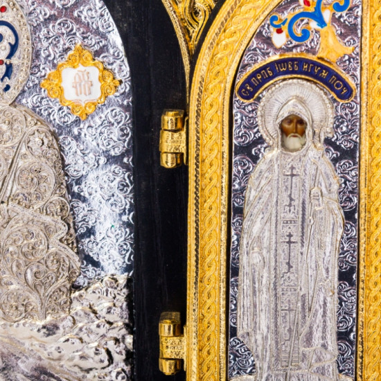 Складень «Богоматір Почаївська» (мідь, сріблення, позолота, емалі, каміння)