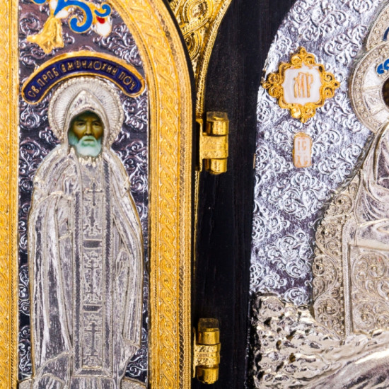 Складень «Богоматір Почаївська» (мідь, сріблення, позолота, емалі, каміння)
