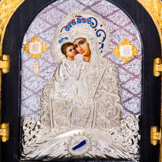 Складень «Богоматір Почаївська» (мідь, сріблення, позолота, емалі, каміння)
