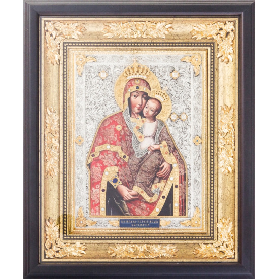 Ікона "Іллінська - Чернігівська Богоматір" з покриттям сріблом і золотом, з інкрустацією дорогоцінним камінням та з емалями