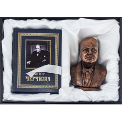 Подарункове видання книги "Фактор Черчилля" з портретом політика на металі і бюст Вінстона Черчилля у подарунковій коробці