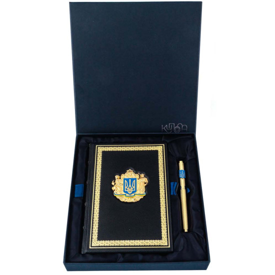 Подарунок  "Тижневик з Державним Гербом України та ручкою TENSO з ювелірною мініатюрою" (метал, позолота, емалі)