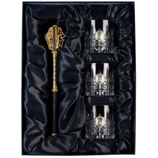 Подарунковий набір для віскі від Cristalleria Italiana  "Козацька слава" з перначем (метал, сріблення, позолота)