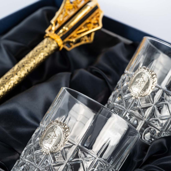 Подарунковий набір для віскі від Cristalleria Italiana  "Козацька слава" з перначем (метал, сріблення, позолота)