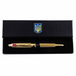 Подарунок "Ручка з мініатюрою емблеми Збройних сил України" (ручка TENSO з ювелірною мініатюрою, футляр з металевими емблемами)