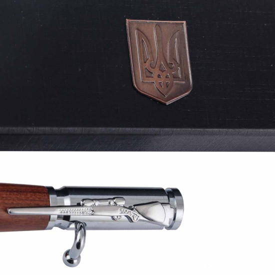 Подарунок "Ручка з мініатюрою козацької рушниці" (ручка TENSO з ювелірною мініатюрою, футляр з металевими емблемами)