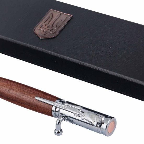 Подарунок "Ручка з мініатюрою козацької рушниці" (ручка TENSO з ювелірною мініатюрою, футляр з металевими емблемами)