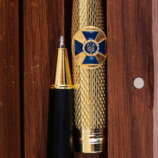 Подарунок "Ручка з мініатюрою емблеми СБУ" (ручка TENSO з ювелірною мініатюрою у дере'яному футлярі з металевою емблемою)