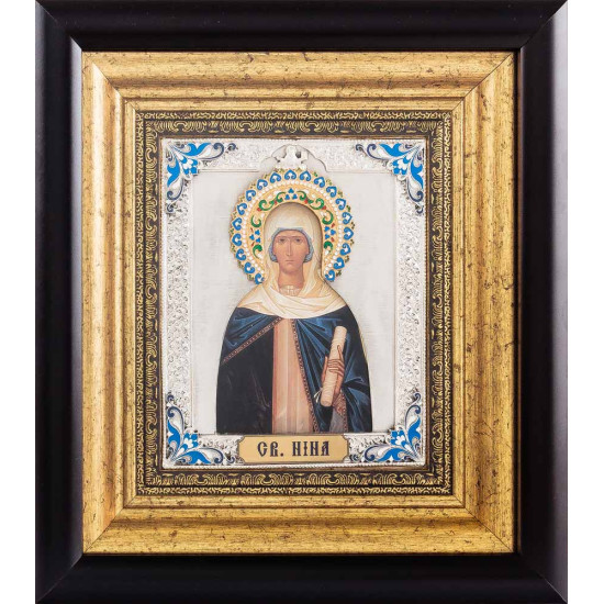 Ікона "Свята рівноапостольна Ніна" у посрібленому окладі з визолоченими деталями в емалях