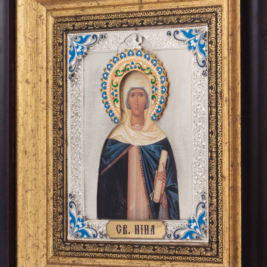 Ікона "Свята рівноапостольна Ніна" у посрібленому окладі з визолоченими деталями в емалях