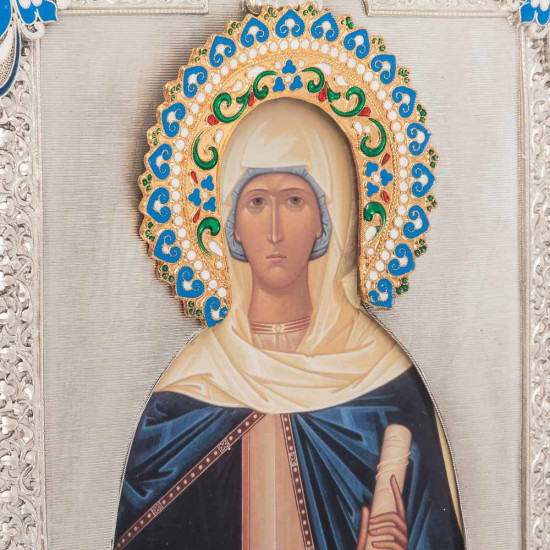 Ікона "Свята рівноапостольна Ніна" у посрібленому окладі з визолоченими деталями в емалях