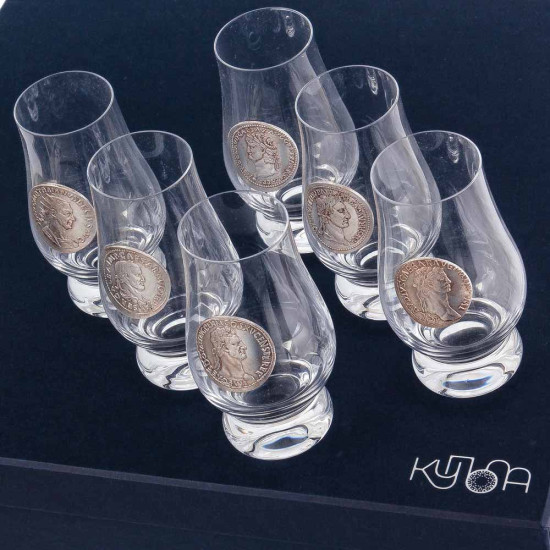 Подарунковий набір"Римські імператори"  з 6 келихів для віскі з посрібленими репліками античних монет