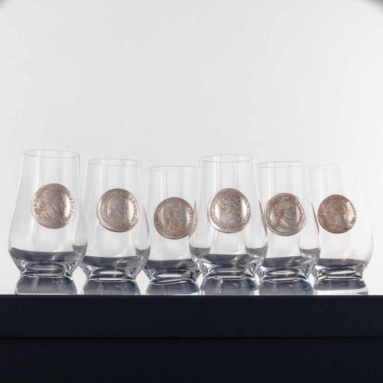 Подарунковий набір"Римські імператори"  з 6 келихів для віскі з посрібленими репліками античних монет