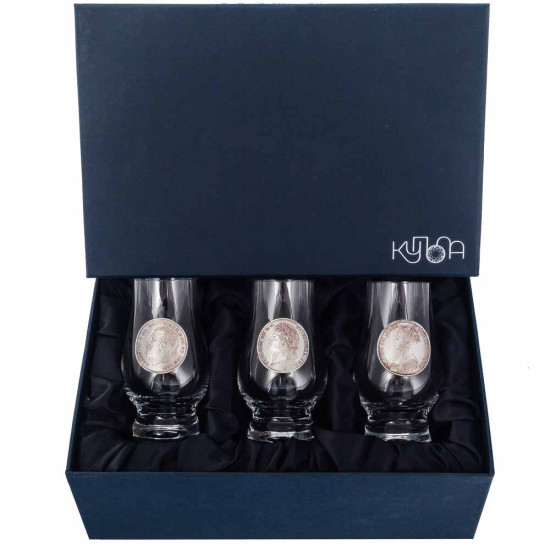 Подарунковий набір з 3-х келихів для віскі "Правителі Великої Британії" з посрібленими металевими репліками монет