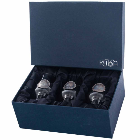 Подарунковий набір з 3-х келихів для віскі "Правителі Великої Британії" з посрібленими металевими репліками монет