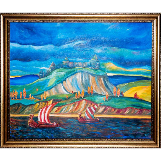  Картина народного художника Данила Нарбута "Пейзаж з вітрильниками та фортецею"