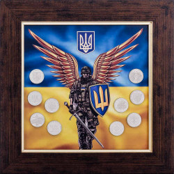 Патріотична колекційна композиція "Ангел-захисник України" (друк на металі) з оригінальними монетами