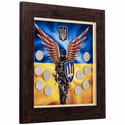 Патріотична колекційна композиція "Ангел-захисник України" (друк на металі) з оригінальними монетами