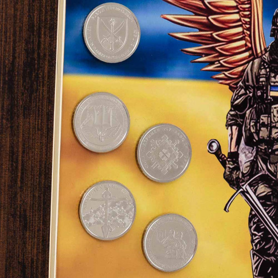 Патріотична колекційна композиція "Ангел-захисник України" (друк на металі) з оригінальними монетами