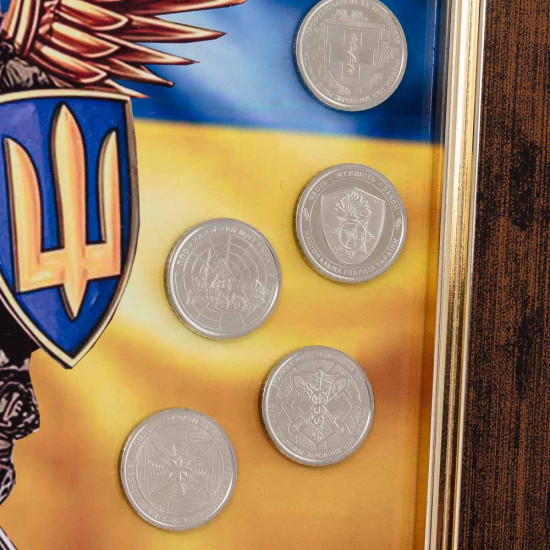Патріотична колекційна композиція "Ангел-захисник України" (друк на металі) з оригінальними монетами