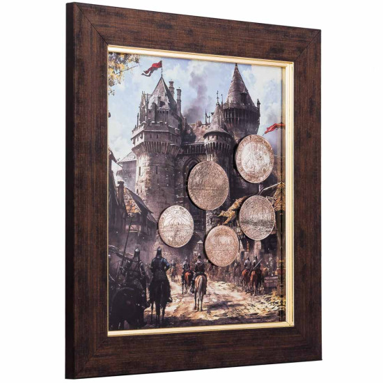 Картина на металі "Середньовічний замок та старовинні монети"