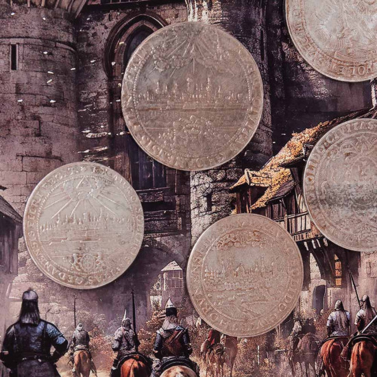 Картина на металі "Середньовічний замок та старовинні монети"