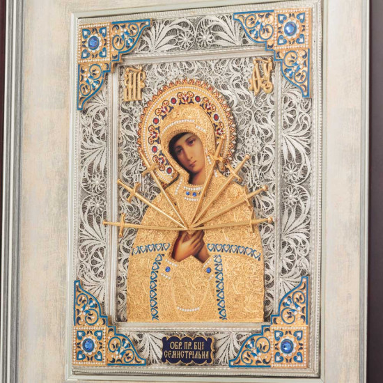 Ікона "Богородиця Семистрільна" (метал, сріблення, позолота, емалі, каміння)