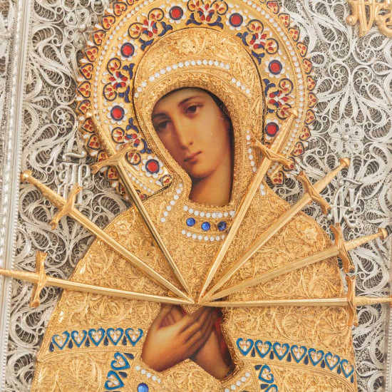 Ікона "Богородиця Семистрільна" (метал, сріблення, позолота, емалі, каміння)
