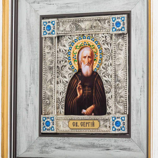 Ікона «Преподобний Сергій Радонезький, чудотворець» (мідь, сріблення, позолота, емалі, каміння)