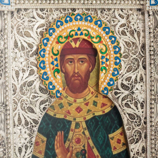 Ікона "Святий благовірний князь Димитрій"  (мідь, сріблення, позолота, емалі, каміння)
