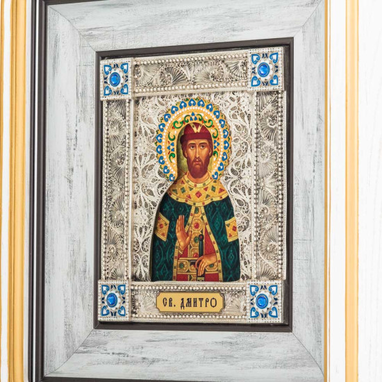 Ікона "Святий благовірний князь Димитрій"  (мідь, сріблення, позолота, емалі, каміння)