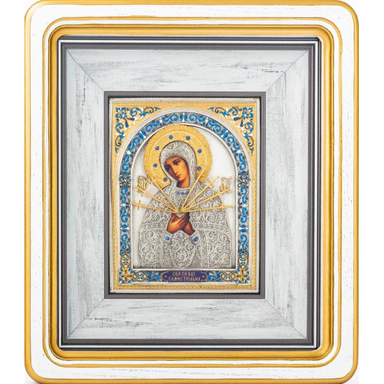 Ікона Богородиця "Семистрільна" (мідь, сріблення, позолота, каміння, емалі)
