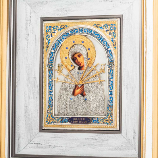 Ікона Богородиця "Семистрільна" (мідь, сріблення, позолота, каміння, емалі)