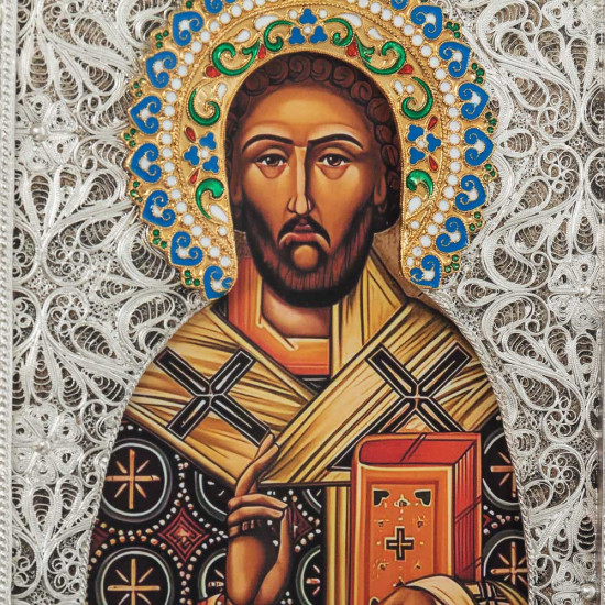 Ікона «Святий Лукіан Бельгійський» (мідь, сріблення, позолота, емалі, каміння) 