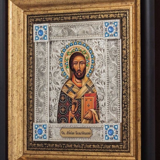 Ікона «Святий Лукіан Бельгійський» (мідь, сріблення, позолота, емалі, каміння) 