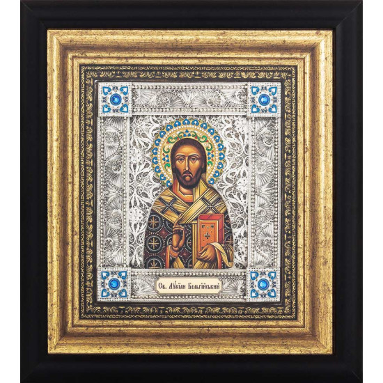 Ікона «Святий Лукіан Бельгійський» (мідь, сріблення, позолота, емалі, каміння) 