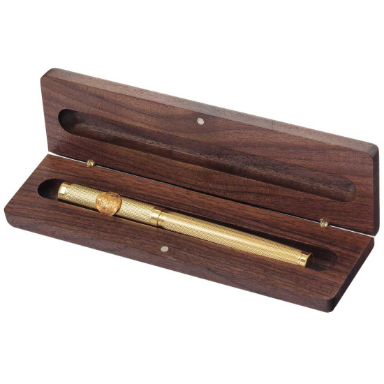 Подарунок "Ручка з мініатюрою емблеми Військової розвідки України" (ручка TENSO з ювелірною мініатюрою у дере'яному футлярі з металевою емблемою)