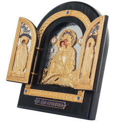 Складень «Богоматір Почаївська» (мідь, сріблення, позолота, емалі, каміння)