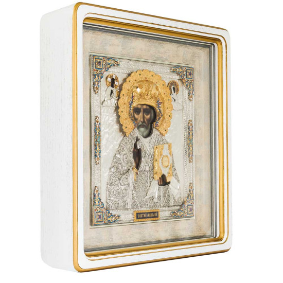 Ікона "Миколай Чудотворець" з ювелірним оздобленням (самоцвіти, позолота, сріблення, емалі)