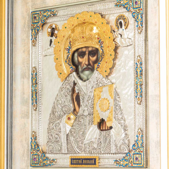 Ікона "Миколай Чудотворець" з ювелірним оздобленням (самоцвіти, позолота, сріблення, емалі)