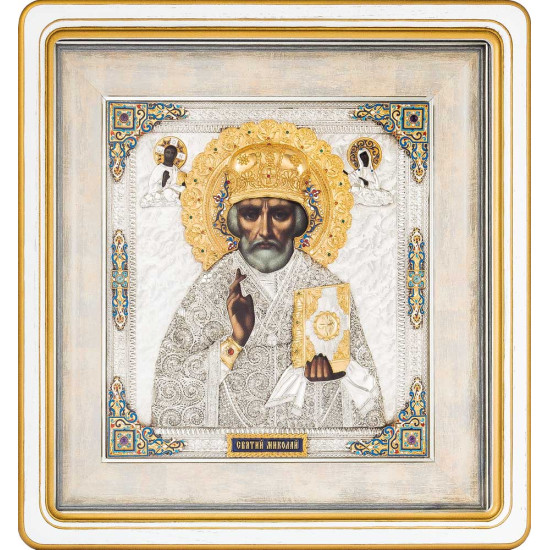 Ікона "Миколай Чудотворець" з ювелірним оздобленням (самоцвіти, позолота, сріблення, емалі)