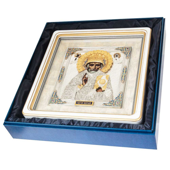 Ікона "Миколай Чудотворець" з ювелірним оздобленням (самоцвіти, позолота, сріблення, емалі)