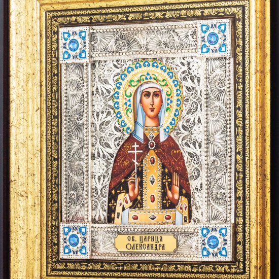 Ікона святої мучениці цариці Олександри у ювелірному кіоті (мідь, сріблення, позолота, емалі, каміння)
